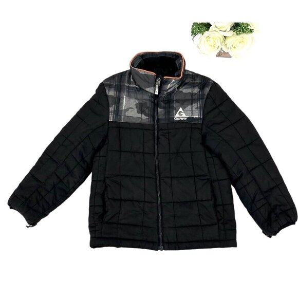 Gerry Boys Lightweight Puffer Jacket Size Small 7-8 Black Gray Camo Pockets - Picture 2 of 10